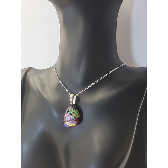 Vintage Handcrafted Dichroic Glass Pendant Necklace Iridescent Rainbow Art Glass - Picture 5 of 12